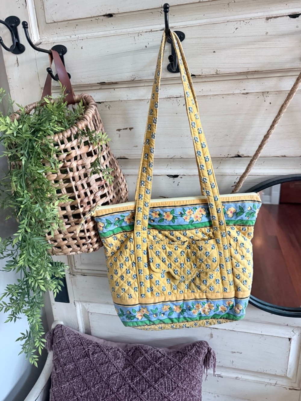 Yellow vintage Quilted Floral Trim Tote Bag
